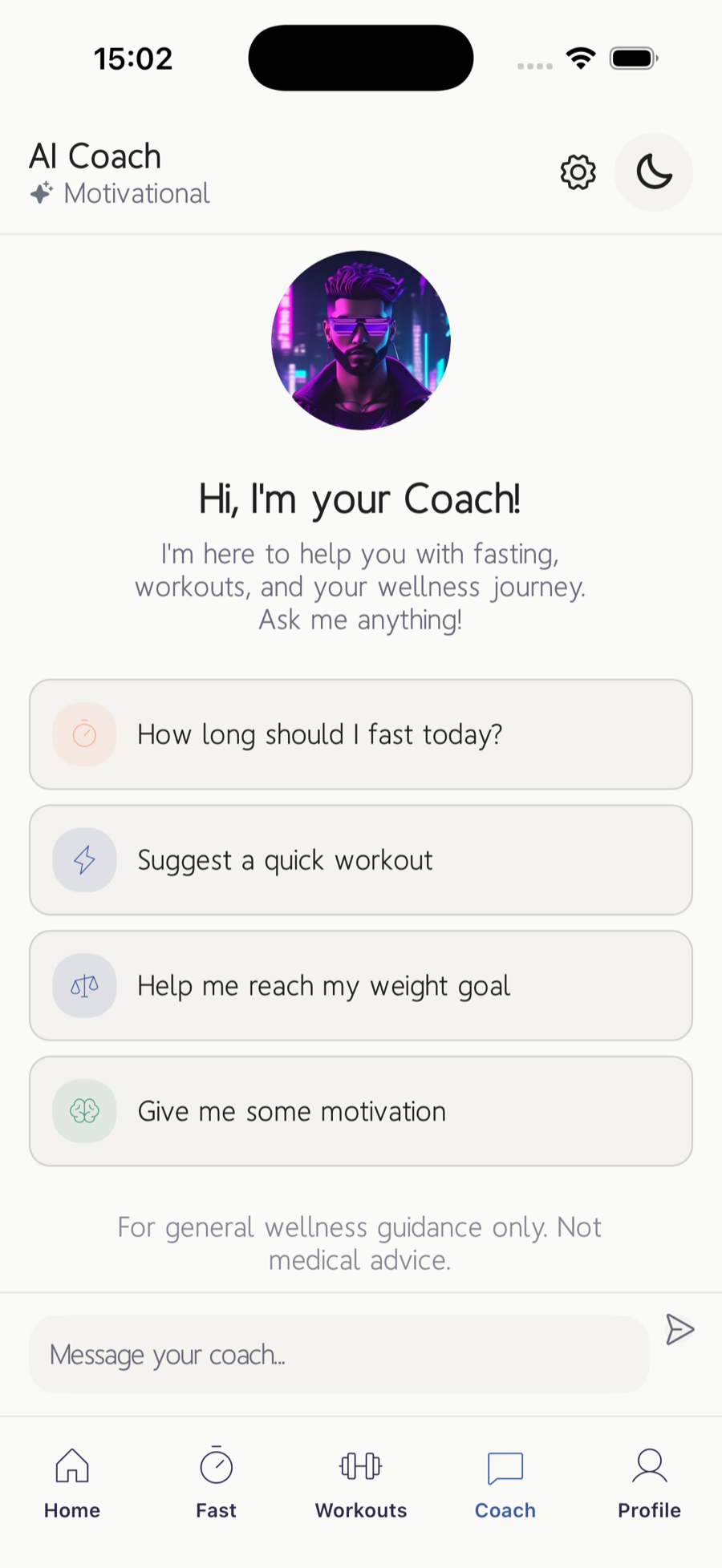 The UGOKI AI coach screen: selectable coach persona, suggested questions, and a permanent 'not medical advice' disclaimer